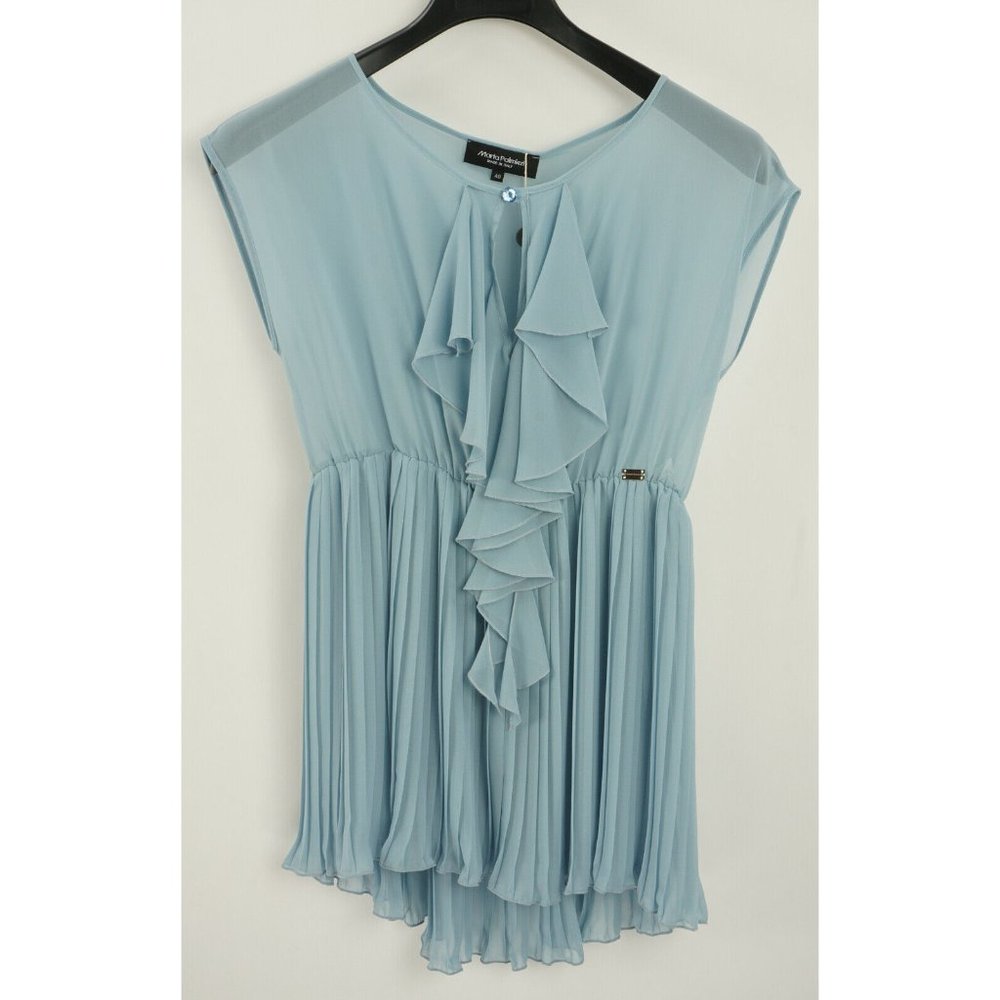 New Marta Palmieri Women Size 40 Sheer Chiffon Sky Blue Sleeveless Ruffle Blouse
